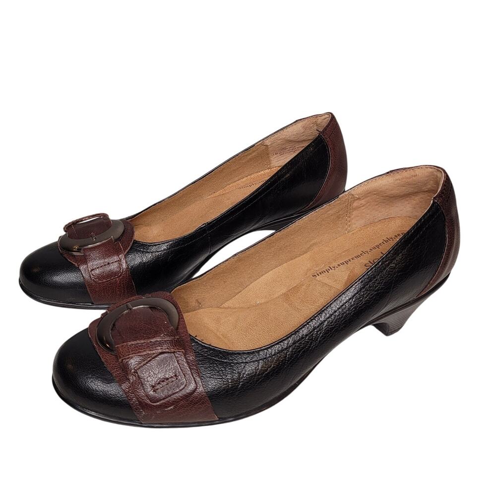 Softspots Black Heels Women's Size 11 M Leather Comfort Neutral Low Buckle Soft